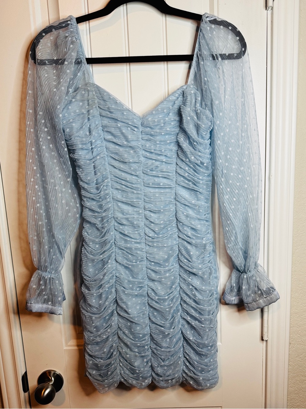Haute Monde baby Blue dress Ruched Swiss Dot Mini romantic